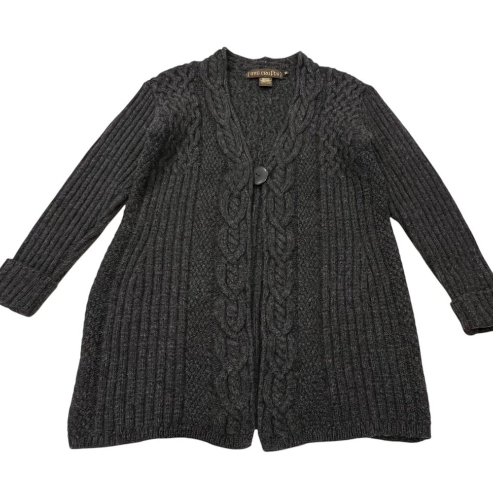 Inis Crafts Ireland Long Wool Cable Cardigan, Charcoal, M